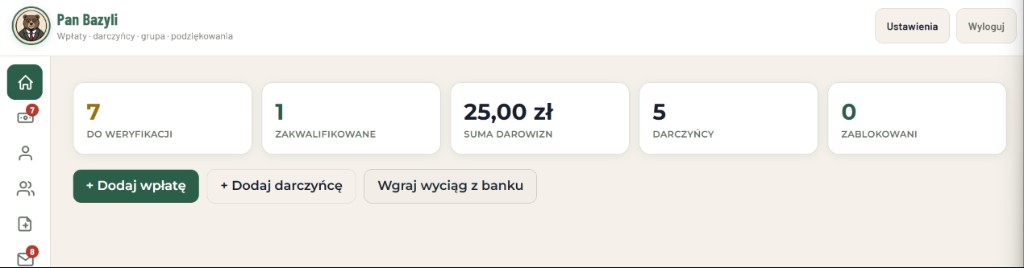 Panel Organizacje: pulpit skarbnika z liczbą wpłat do weryfikacji